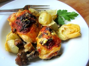 Manly Kitchen Roasted Chicken with Mushrooms and Artichoke Hearts